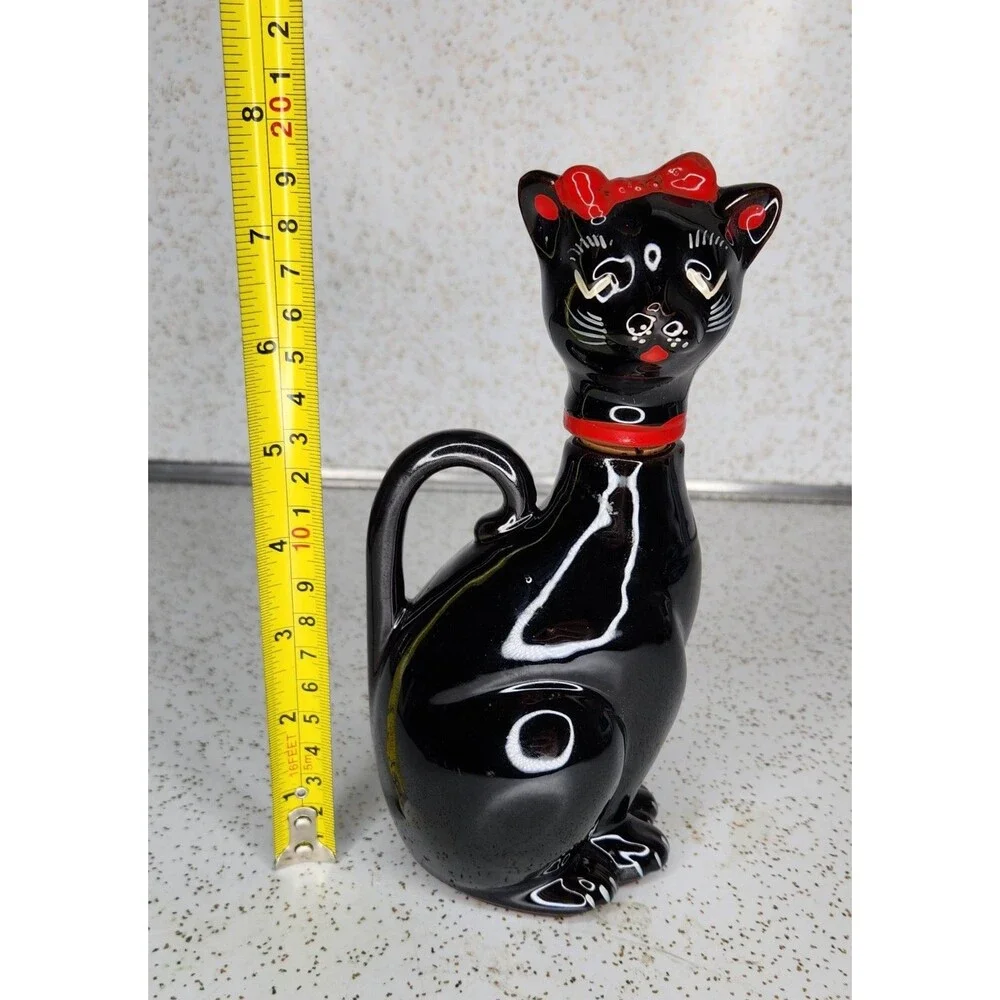 Shafford Japan Redware Black Cat Red Bow Sake Cruet Bottle Vintage HTF Rare